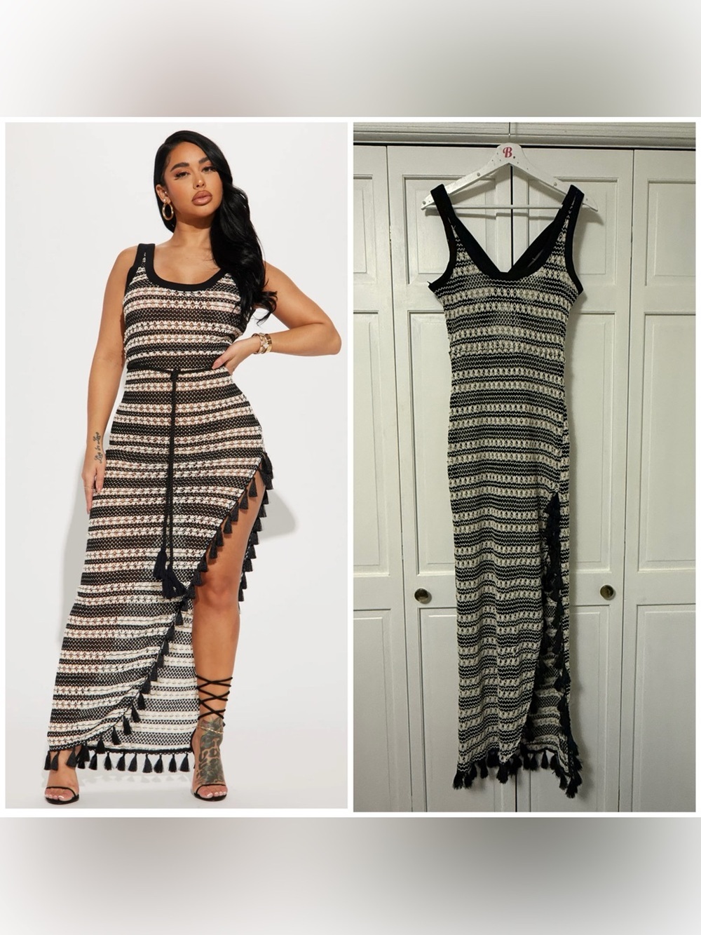 Vestique Black/Cream Tassel Crochet Knit Maxi Dress with Side Slit Festival Boho